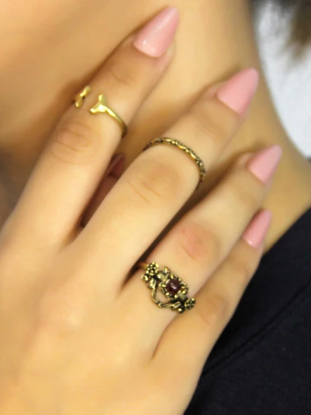 Doğal Taşlı 3'lü Garnet (Lal) Doğal Taşlı Antik Modelli Kadın Ayarlanabilir Yüzük Seti euy86 ürün görseli