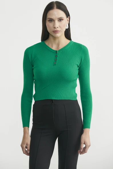 Fitilli Crop Triko Kazak - Benetton Yeşil - Resim 2