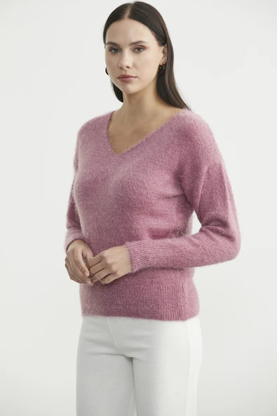 Yumoş V Yaka Basic Triko Kazak - Vişne - Resim 3