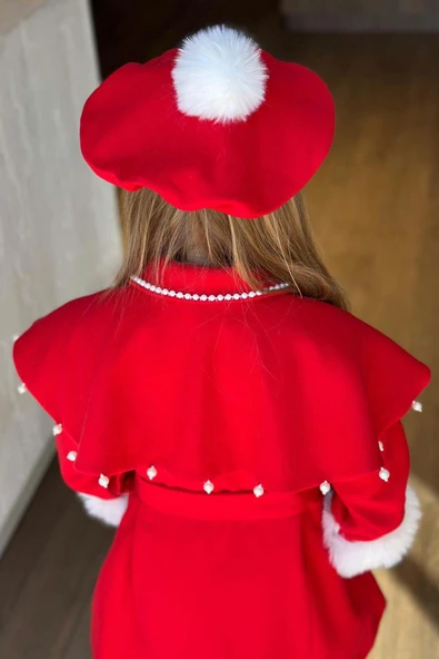 Kız Çocuk Boydan Yakası İnci Taş İşlemeli Şal Detaylı Kemerli Kırmızı Kaşe - 4