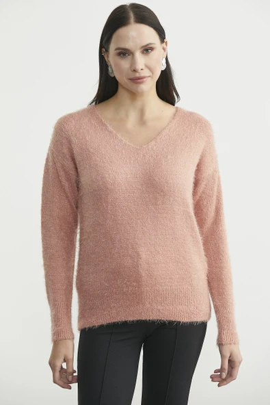 Yumoş V Yaka Basic Triko Kazak - Gül Kurusu ürün görseli