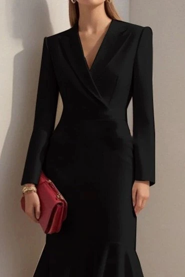 MDB Kadın Uzun Kollu Yakalı Belden Oturtmalı Midi Ithal Krep Elbise - Resim 2