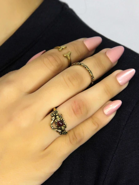 Doğal Taşlı 3'lü Garnet (Lal) Doğal Taşlı Antik Modelli Kadın Ayarlanabilir Yüzük Seti euy86 - Resim 2