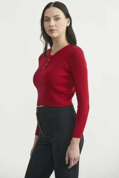 Fitilli Crop Triko Kazak - Kırmızı - Resim 5