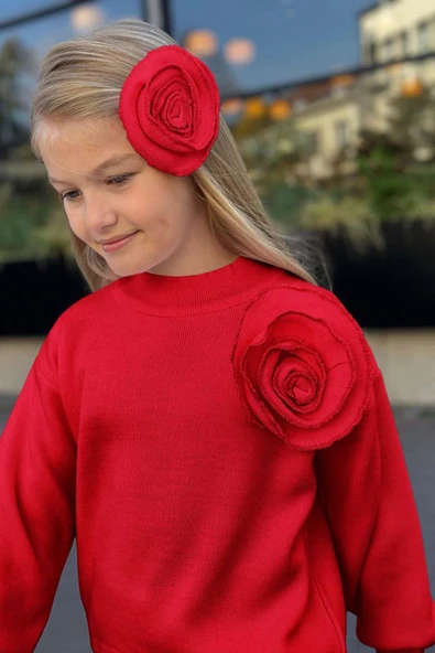 Kız Çocuk Balıkçı Yaka Omuzunda Gül Broşlu Kazak Bol Kesim Kırmızı Triko Alt Üst Takım - 4