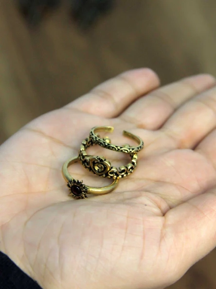 Doğal Taşlı 3'lü Garnet (Lal) Doğal Taşlı Güneş Modelli Kadın Ayarlanabilir Yüzük Seti euy85 - Resim 3