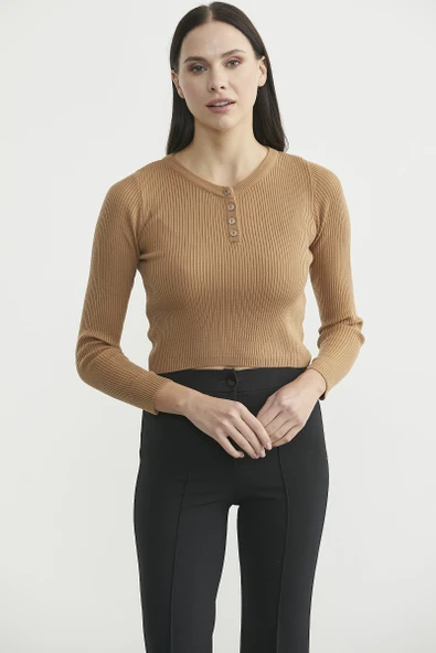 Fitilli Crop Triko Kazak - Karamel - Resim 3