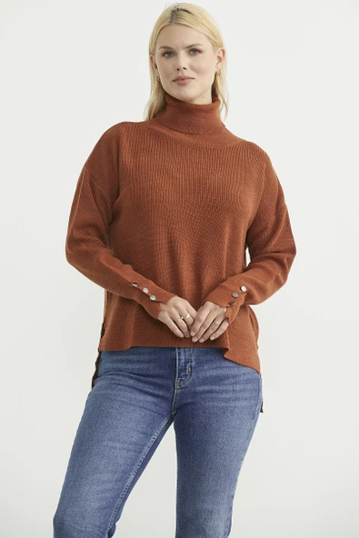 Tam Balıkçı Arkası Uzun Triko Kazak - Kiremit - Resim 3