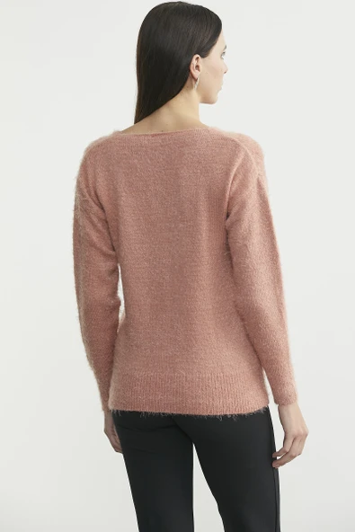 Yumoş V Yaka Basic Triko Kazak - Gül Kurusu - Resim 5