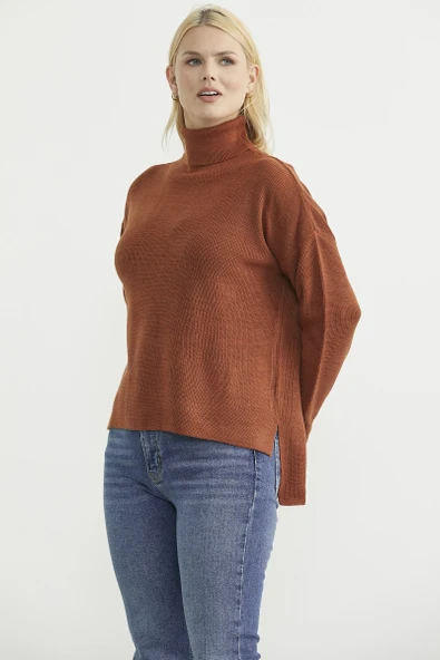 Tam Balıkçı Arkası Uzun Triko Kazak - Kiremit - Resim 5