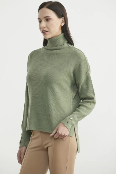 Tam Balıkçı Arkası Uzun Triko Kazak - Çağla Yeşili - Resim 5