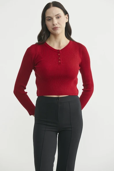 Fitilli Crop Triko Kazak - Kırmızı - Resim 3