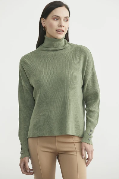 Tam Balıkçı Arkası Uzun Triko Kazak - Çağla Yeşili - Resim 3