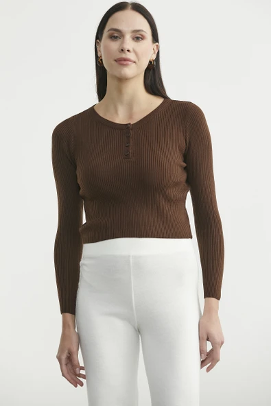 Fitilli Crop Triko Kazak - Kahve - Resim 2