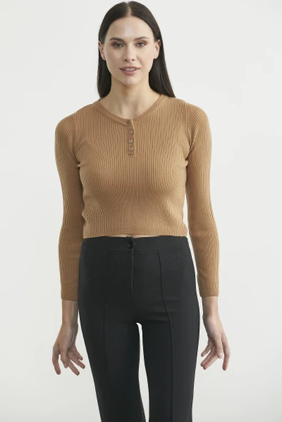 Fitilli Crop Triko Kazak - Karamel - Resim 2