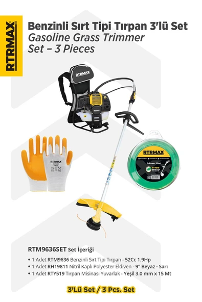 RTM9636SET Benzinli Sırt Tipi Tırpan 3'lü Set -Eldiven-Tırpan Misinası ürün görseli