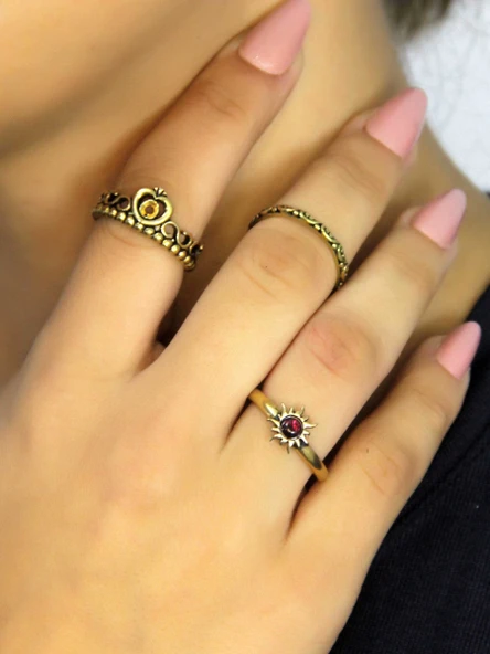 Doğal Taşlı 3'lü Garnet (Lal) Doğal Taşlı Güneş Modelli Kadın Ayarlanabilir Yüzük Seti euy85 ürün görseli