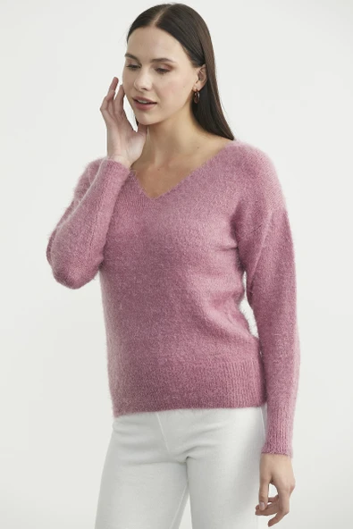 Yumoş V Yaka Basic Triko Kazak - Vişne - Resim 4