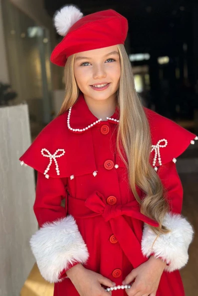 Kız Çocuk Boydan Yakası İnci Taş İşlemeli Şal Detaylı Kemerli Kırmızı Kaşe - 3