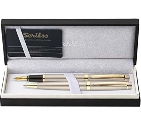 Scrikss 38 Dolmakalem+Tükenmez Set Saten Altın - Resim 2