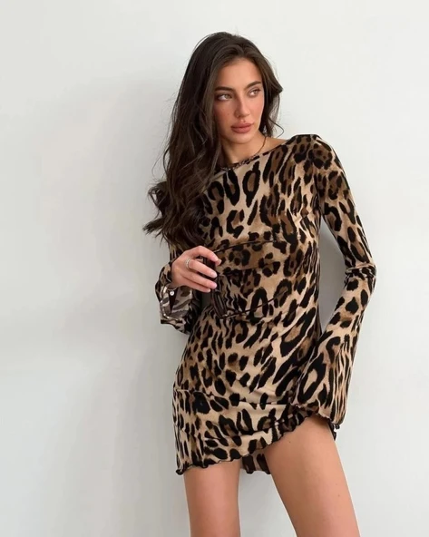 MDB Kadın Uzun Kollu ırtı Açık Bağlamalı eopar Desenli Kısa Dalgıç Elbise ürün görseli 1