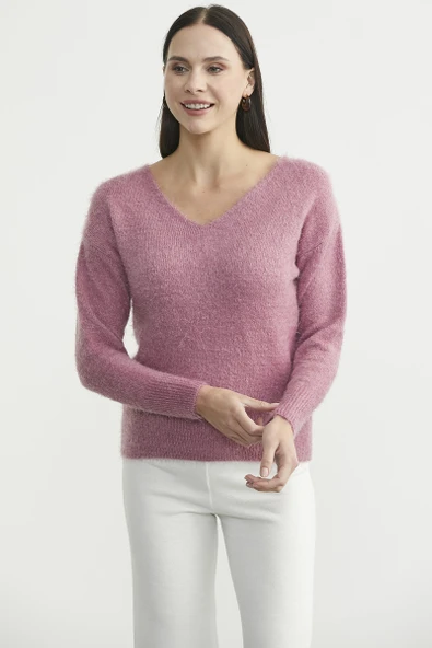 Yumoş V Yaka Basic Triko Kazak - Vişne - Resim 2