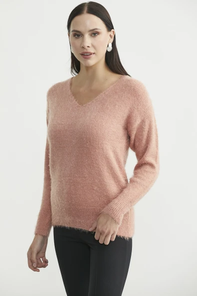 Yumoş V Yaka Basic Triko Kazak - Gül Kurusu - Resim 4