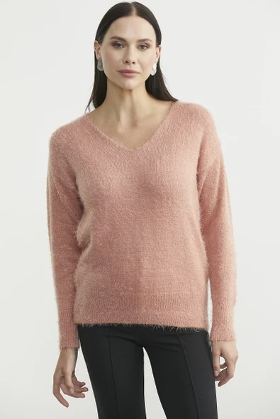 Yumoş V Yaka Basic Triko Kazak - Gül Kurusu - Resim 2