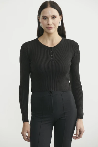 Fitilli Crop Triko Kazak - Siyah ürün görseli