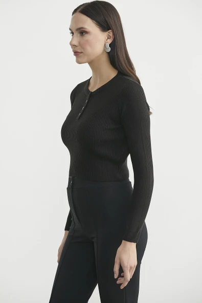 Fitilli Crop Triko Kazak - Siyah - Resim 3