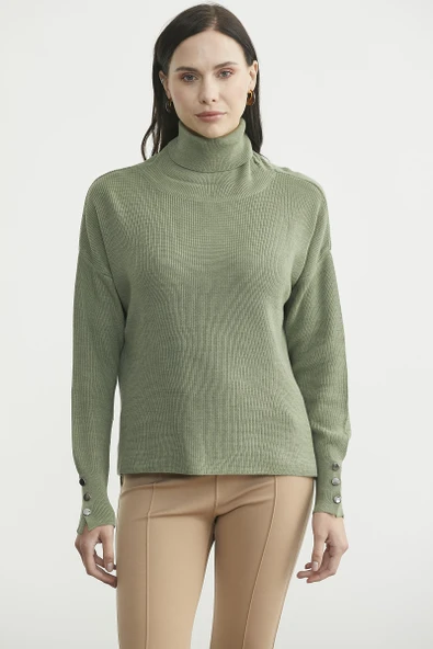 Tam Balıkçı Arkası Uzun Triko Kazak - Çağla Yeşili ürün görseli