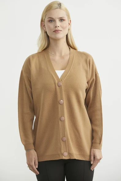 V Yaka Salaş Düğmeli Triko Hırka - Karamel - Resim 2