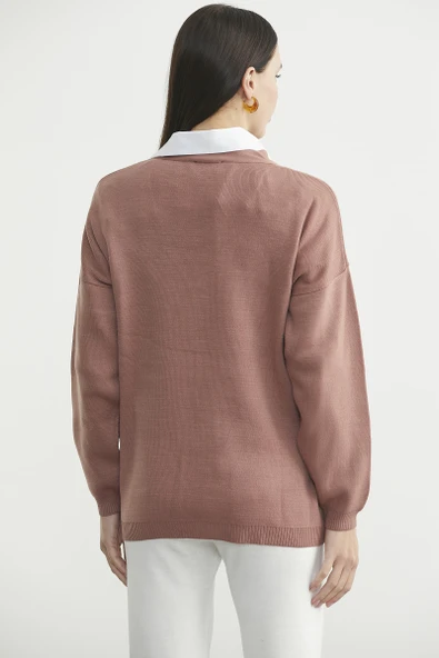 V Yaka Salaş Düğmeli Triko Hırka - Gül Kurusu - Resim 5