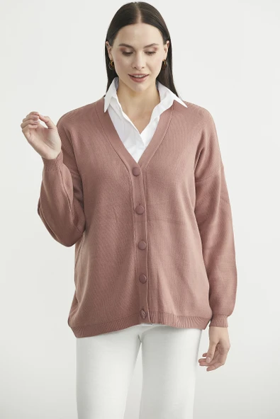 V Yaka Salaş Düğmeli Triko Hırka - Gül Kurusu - Resim 3