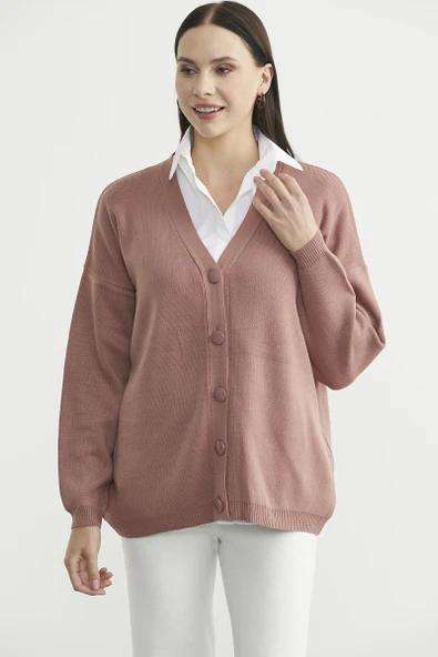 V Yaka Salaş Düğmeli Triko Hırka - Gül Kurusu - Resim 2