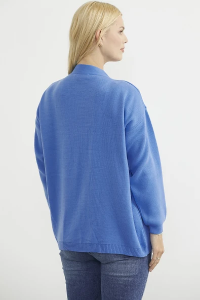 V Yaka Salaş Düğmeli Triko Hırka - Mavi - Resim 6