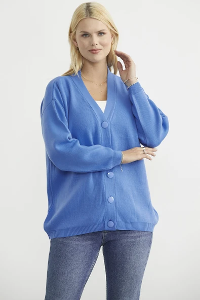 V Yaka Salaş Düğmeli Triko Hırka - Mavi - Resim 5