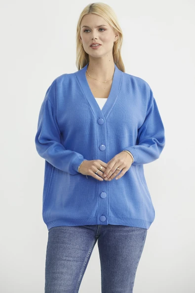 V Yaka Salaş Düğmeli Triko Hırka - Mavi - Resim 3