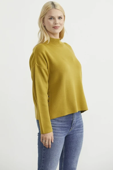 Oversize Dik Yaka Triko Kazak - Zeytin Yeşil - Resim 3