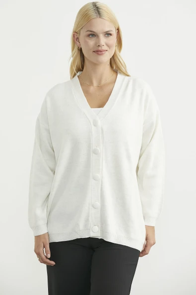 V Yaka Salaş Düğmeli Triko Hırka - Kemik - Resim 4