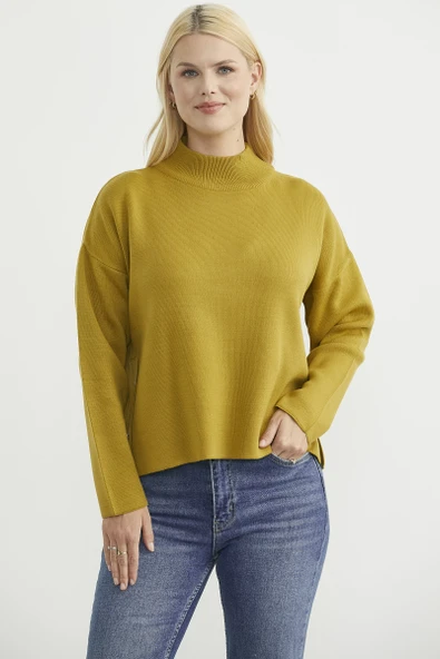 Oversize Dik Yaka Triko Kazak - Zeytin Yeşil ürün görseli