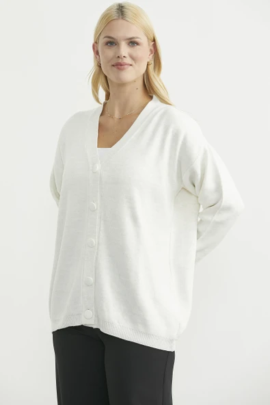 V Yaka Salaş Düğmeli Triko Hırka - Kemik - Resim 2