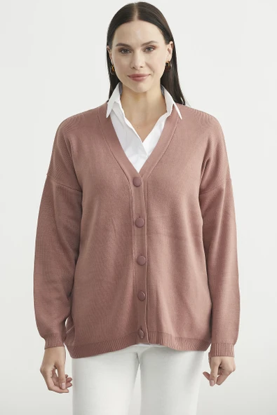 V Yaka Salaş Düğmeli Triko Hırka - Gül Kurusu ürün görseli