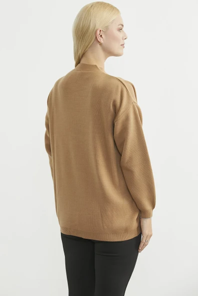 V Yaka Salaş Düğmeli Triko Hırka - Karamel - Resim 5