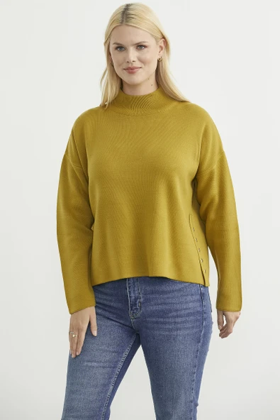 Oversize Dik Yaka Triko Kazak - Zeytin Yeşil - Resim 2