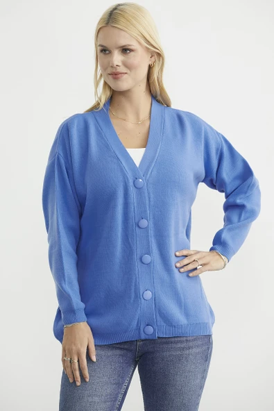 V Yaka Salaş Düğmeli Triko Hırka - Mavi - Resim 2
