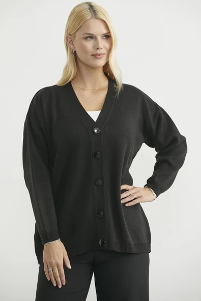 V Yaka Salaş Düğmeli Triko Hırka - Siyah - 2