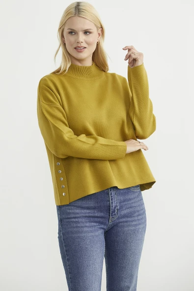 Oversize Dik Yaka Triko Kazak - Zeytin Yeşil - Resim 4