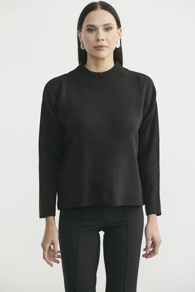 Oversize Dik Yaka Triko Kazak - Siyah - Resim 2