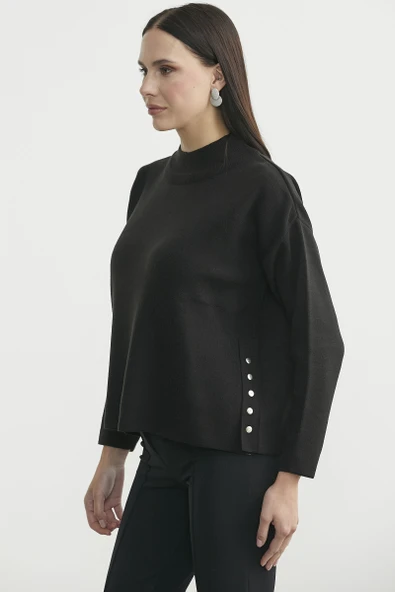 Oversize Dik Yaka Triko Kazak - Siyah - Resim 4